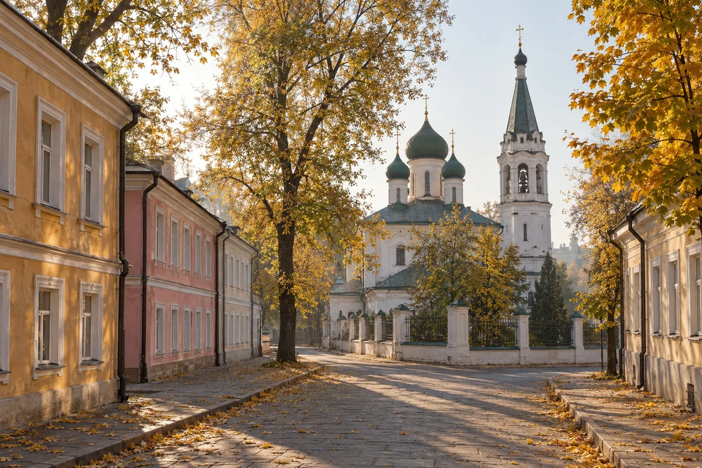 Иллюстрация: переулок старой Москвы с белокаменной церковью и особняками осенним утром
